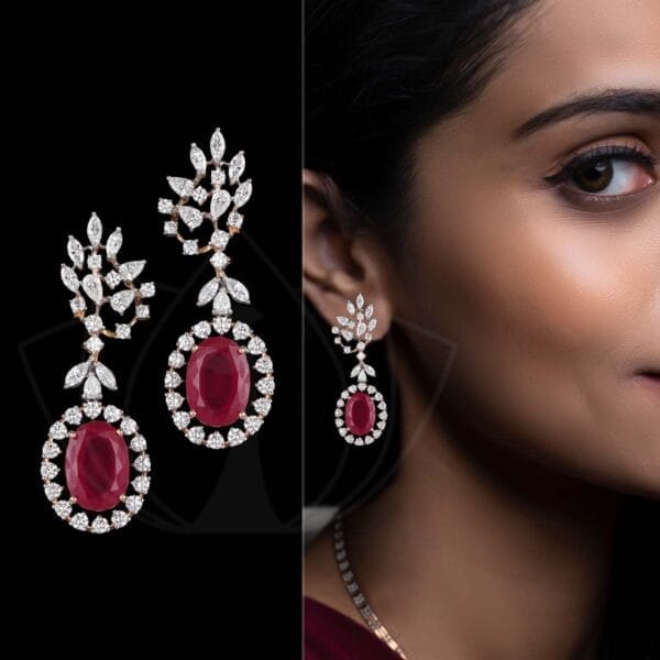 Flight of fantasy diamond earrings with royal ruby ovals.