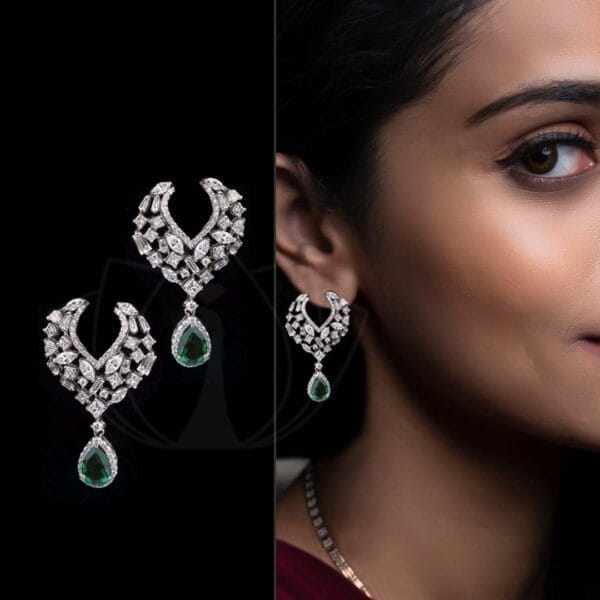 Now and forever diamond earrings with multi-shape solitaire diamonds and pear shape green semi-precious gemstones.