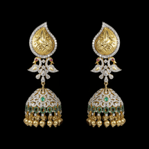 Closeup view of Jhumka earring designed by Khwaahish Diamond Jewellery