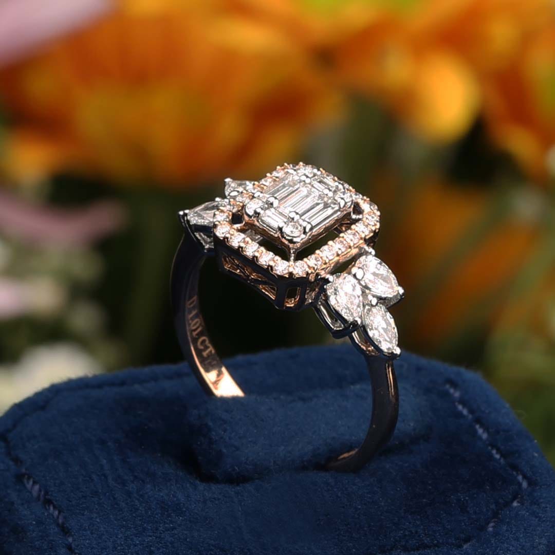 Closeup shot of a diamond ring kept in its blue sponge holder.