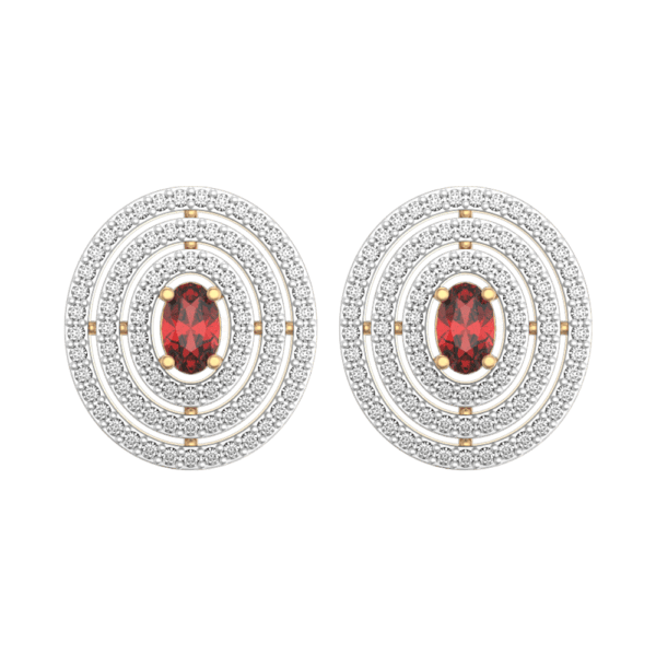 View of the Concentric Carmine Diamond Earrings in close up