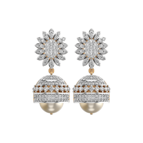 View of the Coral Coreopsis Diamond Jhumka Earrings in close up