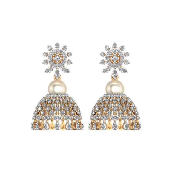 View of the Floral Raindrops Diamond Jhumka Earrings in close up