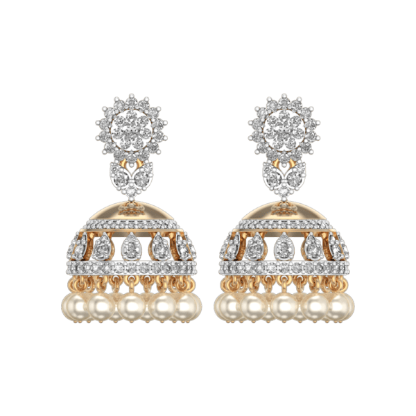 View of the Laced in Pearls Diamond Jhumka Earrings in close up
