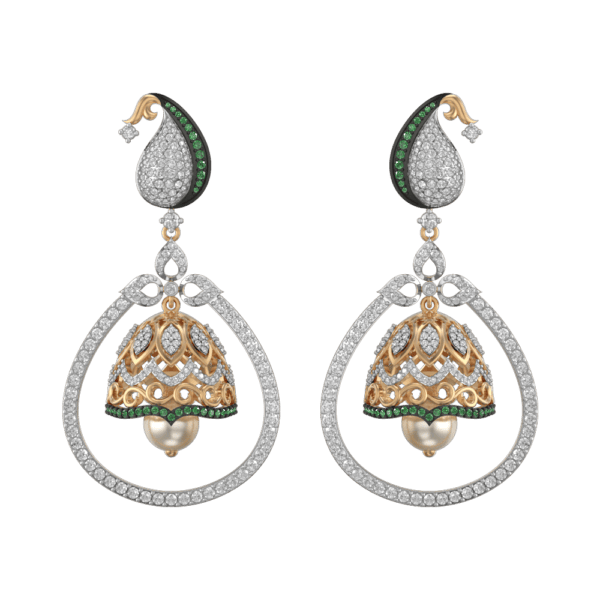 View of the Luminescent Lantern Diamond Jhumka Earrings in close up