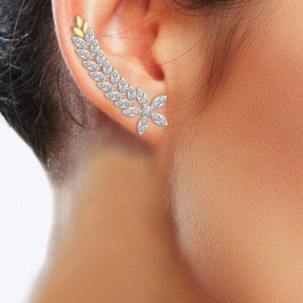 Human wearing the Lustrous Leaflets Diamond Ear Cuff