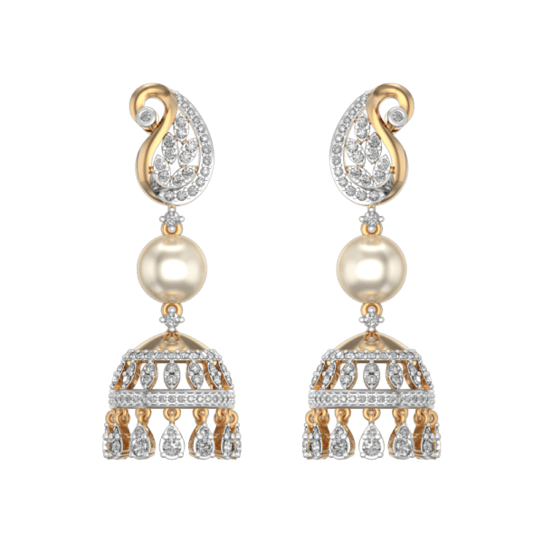 View of the Paisley Plantae Diamond Jhumka Earrings in close up