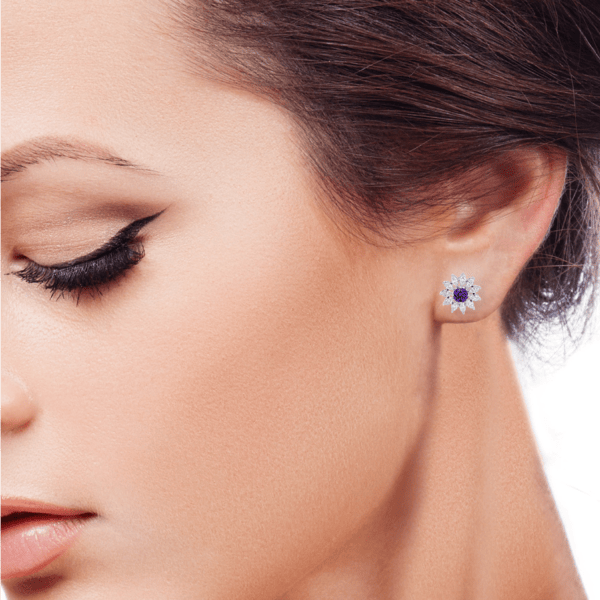 Human wearing the Purple Penelope Diamond Earrings