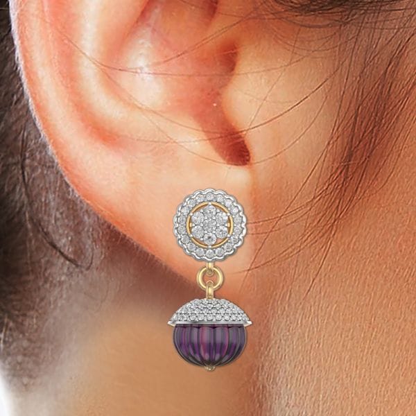 Human wearing the Purple Pumpkin Diamond Earrings