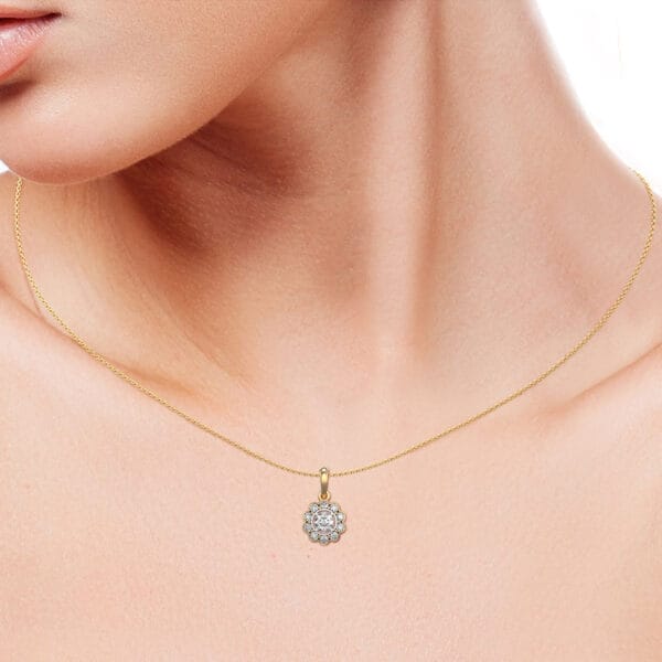 Human wearing the 0.30 ct Floral Fortune Solitaire Diamond Pendant