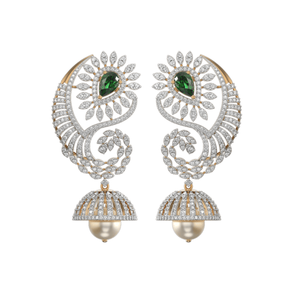 View of the Dreamy Paisley Jhumka Diamond Earrings in close up