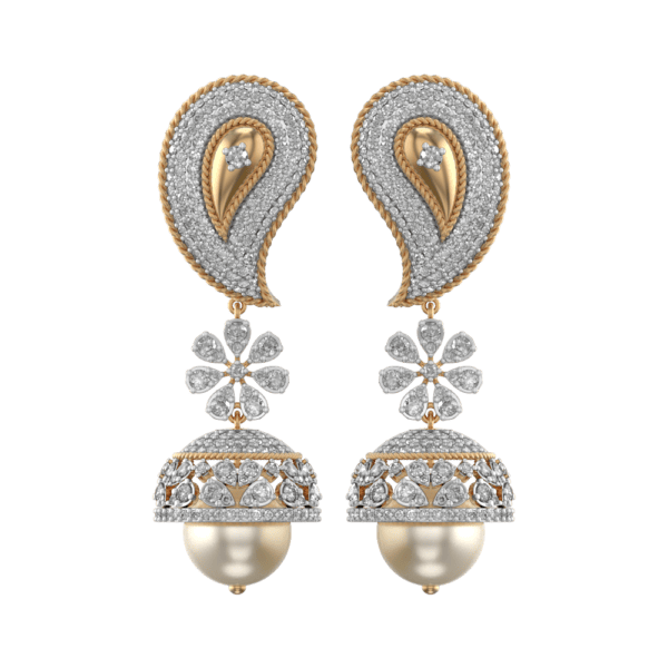 View of the Paisley Panache Jhumka Diamond Earrings in close up