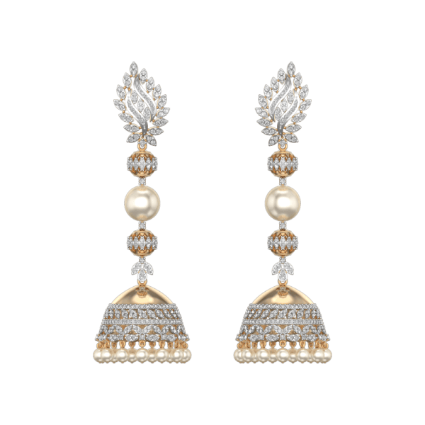 View of the Shimmers Of Sirius Jhumka Diamond Earrings in close up