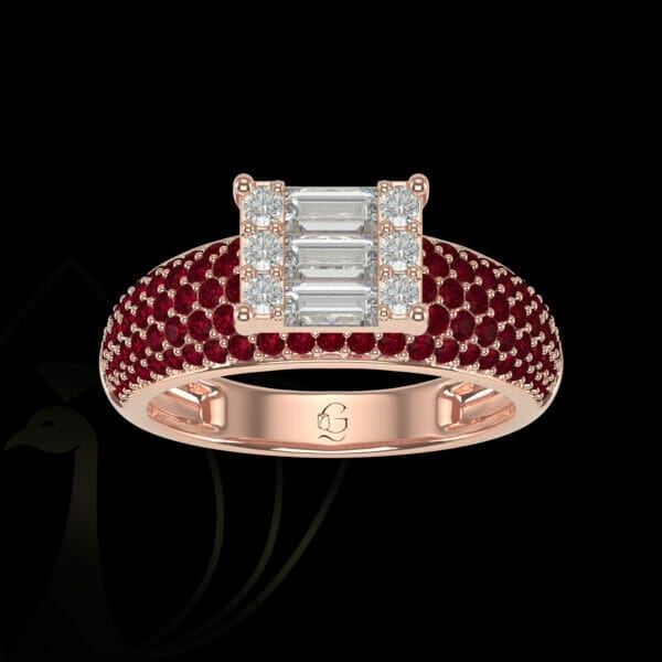A diamond ring with emerald cut diamonds, a solitaire-look, and sparkling Swarovski Red gemstones.