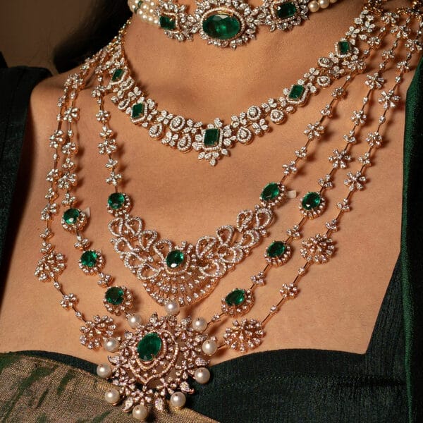 The Pearl and Green Quartz-based Eternal Empress Diamond Haaram with pretty diamond floral motifs.