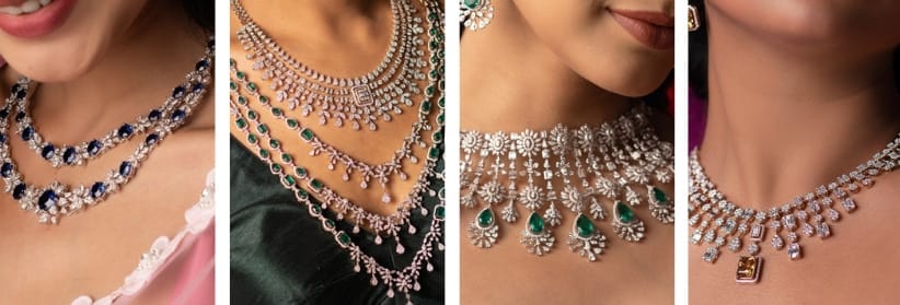 A collage of brides wearing diamond-layered necklaces with gemstones.