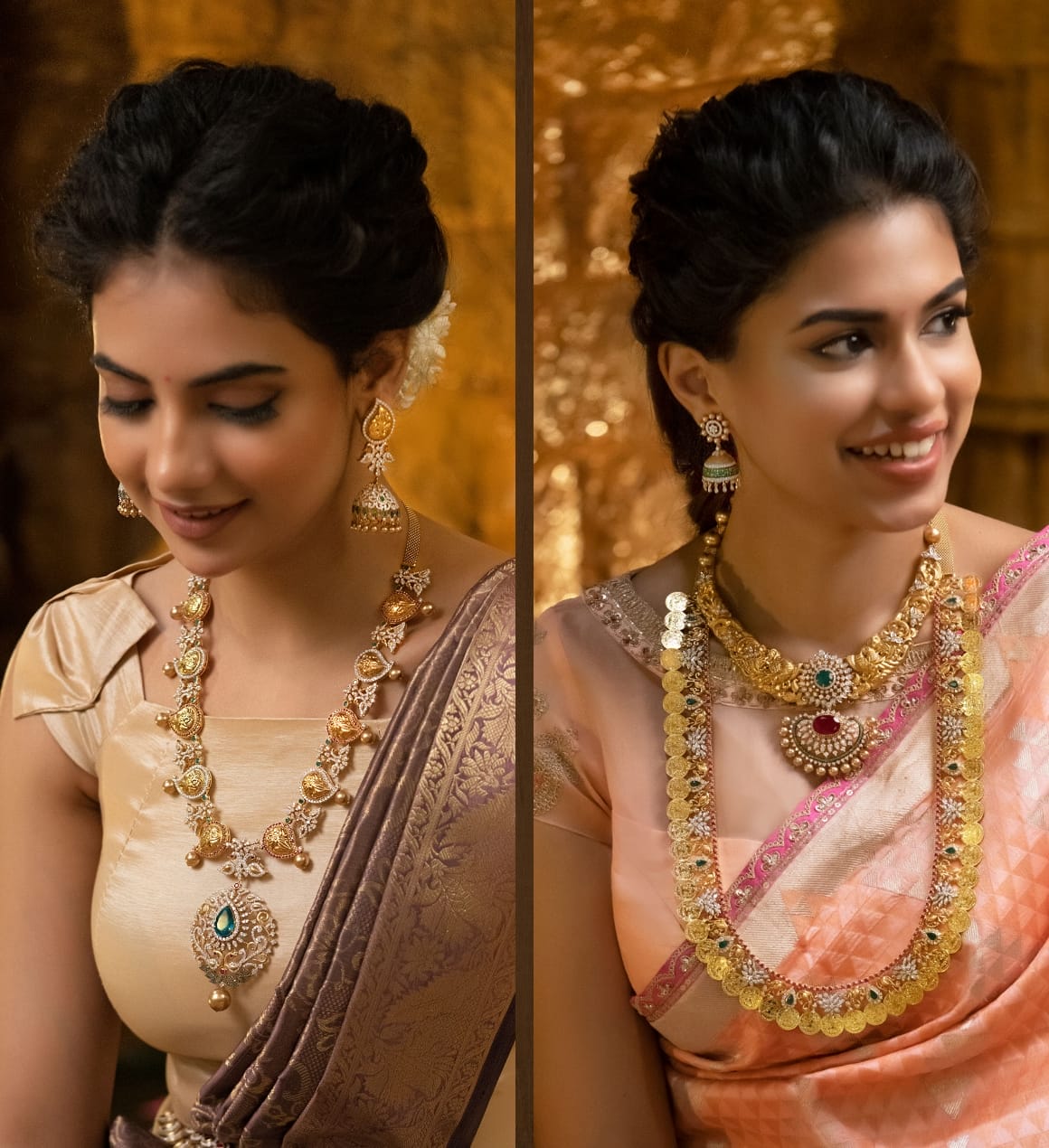 A collage of brides wearing South Indian traditional maanga maalai, kaasu maalai, temple jewellery studded with diamonds and gemstones.