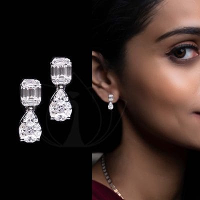 Collage of a modern woman wearing the Statuesque Diamond Stud and the close-up shot of the stud.